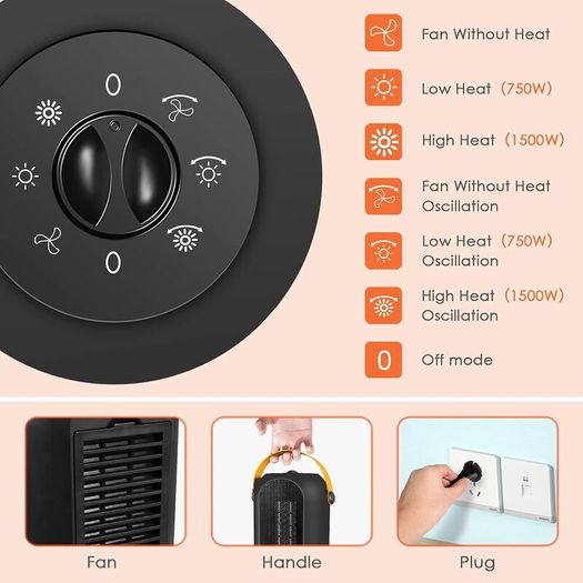 Low Energy Silent, 600W / 1200W PTC Electric Heater with Tip-Over and Overheat Protection, 3 Adjustable Modes & Thermostat, Suitable for Office Home Dorm