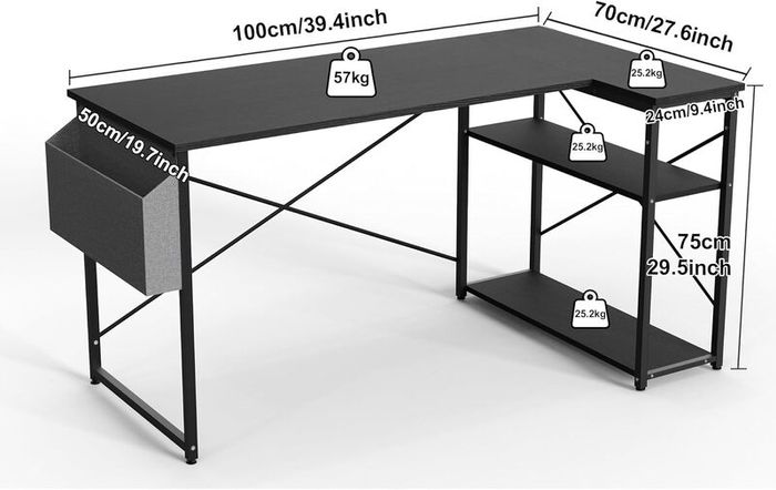 L Shaped Gaming Desk 100x70 cm Computer with Storage Bag Office Small Writing Table Large Reversible Shelves Workstation for Study Play Work Home Black