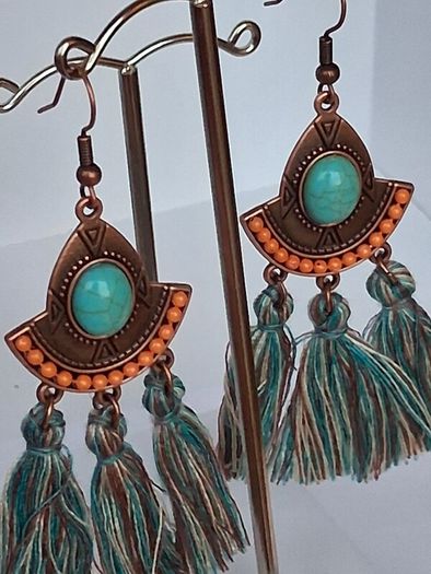Antique Copper Turquoise Fan Tassel Earrings