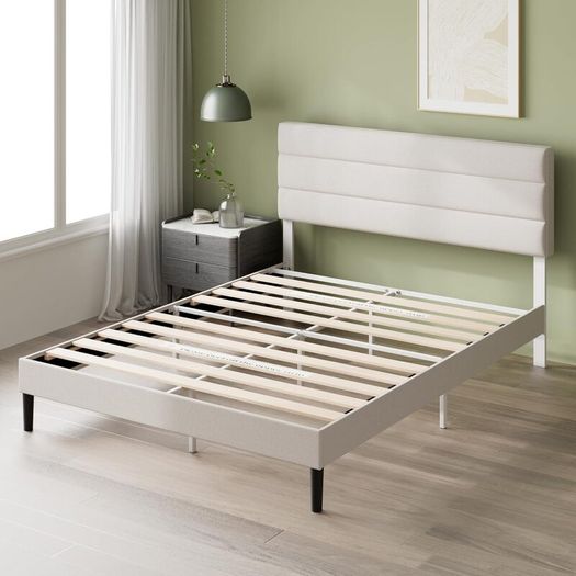 Double Bed Frame with Headboard - 4ft6 (135 x 190 cm) - 11.8'' Height - Upholstered Bed Base - Wooden Slat Support - Easy Assembly - Off White