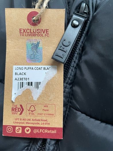 Liverpool Mens Long Puffa Coat Black Football Jacket