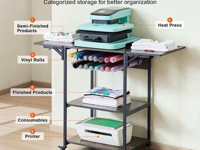 Heat Press Table 3Tier Movable Heat Press Stand Foldable with Wheels Brown