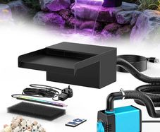 8" Pond Waterfall Spillway Filter Kit, 304 Stainless Steel Water Blade Weir with 7-Colour LED Lights & Remote, Quiet Pump, 9.84ft Hose for Garden Pond Water Feature