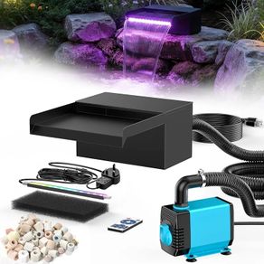 8" Pond Waterfall Spillway Filter Kit, 304 Stainless Steel Water Blade Weir with 7-Colour LED Lights & Remote, Quiet Pump, 9.84ft Hose for Garden Pond Water Feature