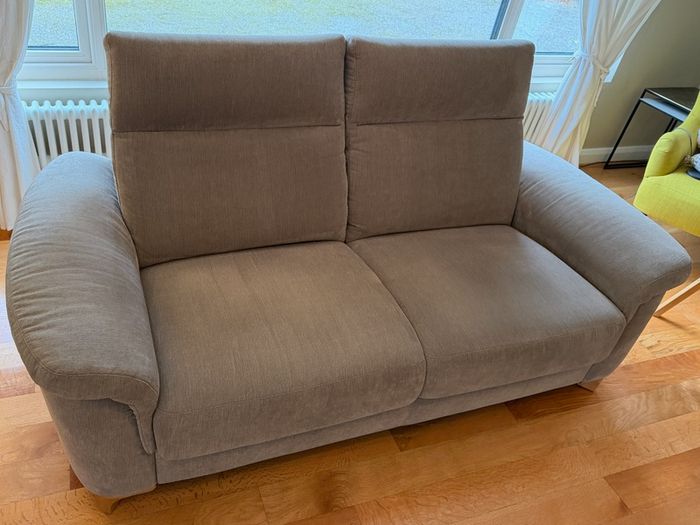 Two-seater sofa and foot stool taupe velvet
