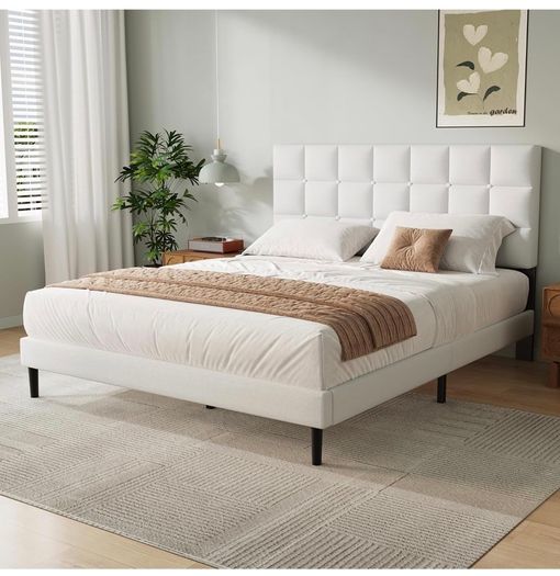Double Bed Frame, Easy Assembly, Sturdy Wooden Slat Support, Upholstered Platform with Headboard, No Box Spring Needed, White Double Bed 135x190