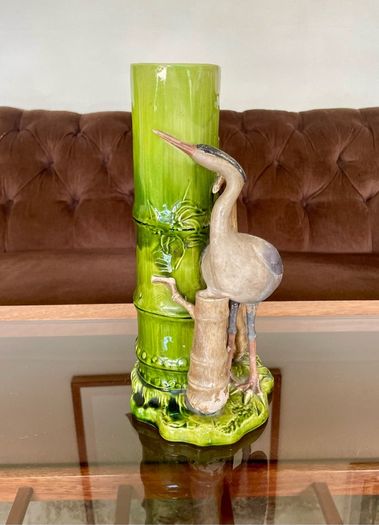 Antique Art Pottery Bretby Pottery 1890s Bamboo and Stork Large Spill Vase