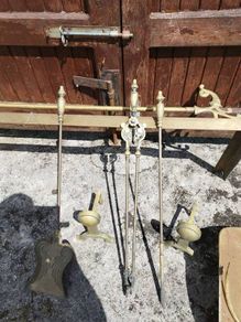 fire hearth surround and matching dogs with poker shovel and thongs