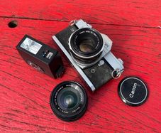 Canon SLR camera, vintage Model FT-QL with 50mm F1.8 lens, Vivitar 28mm F2 & Flash