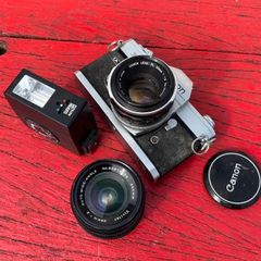 Canon SLR camera, vintage Model FT-QL with 50mm F1.8 lens, Vivitar 28mm F2 & Flash