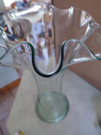 LARGE Vintage Blue/Green Vase With Deep Ruffled Flared Neck
