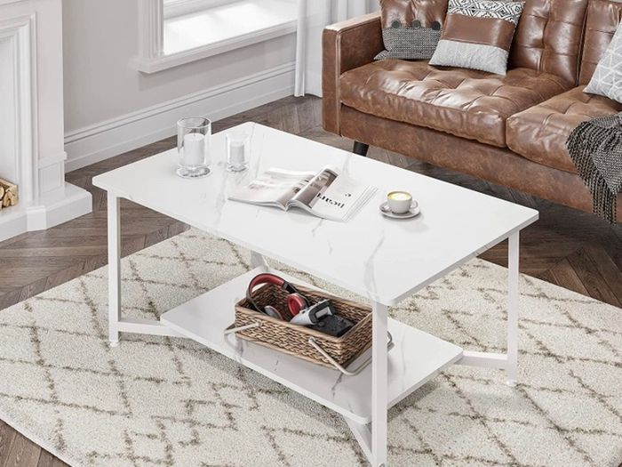 2-Tier Coffee Table with Open Shelf for Spacious Storage, Coffee Desk, Industrial-Style for Living Room, Home, Office White Marble (FREE POSTAGE)