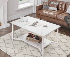 2-Tier Coffee Table with Open Shelf for Spacious Storage, Coffee Desk, Industrial-Style for Living Room, Home, Office White Marble (FREE POSTAGE)