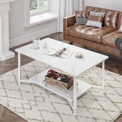 2-Tier Coffee Table with Open Shelf for Spacious Storage, Coffee Desk, Industrial-Style for Living Room, Home, Office White Marble (FREE POSTAGE)