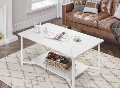 2-Tier Coffee Table with Open Shelf for Spacious Storage, Coffee Desk, Industrial-Style for Living Room, Home, Office White Marble (FREE POSTAGE)