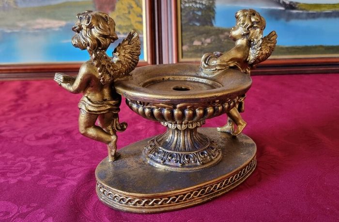 Antique Cherub Gold Effect Ornamental Pedestal Metal Candle Holder Pedestal Stand Made In Spain