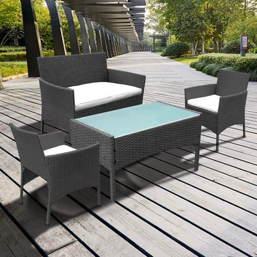 _Garden Lounge Set, Balcony Furniture Set for 4 People, 7 Pieces, with Table, Seat Cushion, Washable, Plastic, Flat Rattan Look, for Balcony or Patio