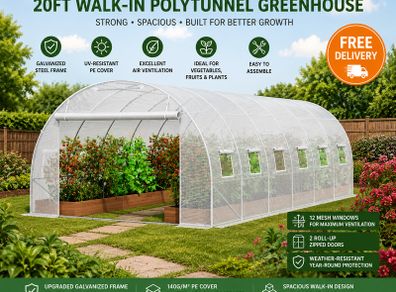 20ft Walk-In Polytunnel Greenhouse with Galvanized Steel Frame and PE Cover
