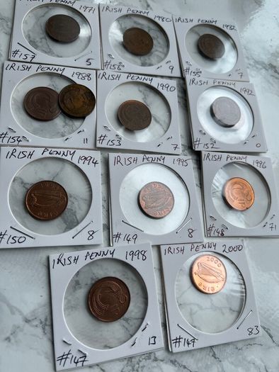 Irish decimal pennies x 12. Three for 1 euro. 3 euro the lot. Dates listed below