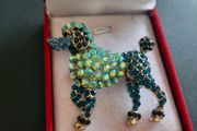 Rhinestone Poodle Brooch, Blue &amp; Green Crystals Dog Pin Badge Gold Tone French Poodle Jewelry, Gift for Dog Lovers