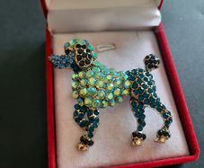 Rhinestone Poodle Brooch, Blue & Green Crystals Dog Pin Badge Gold Tone French Poodle Jewelry, Gift for Dog Lovers