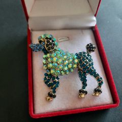 Rhinestone Poodle Brooch, Blue & Green Crystals Dog Pin Badge Gold Tone French Poodle Jewelry, Gift for Dog Lovers