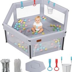 Baby Playpen Foldable, Playpen for Baby and Toddlers with Breathable Mesh Walls Fitted mat for Indoor and Outdoor