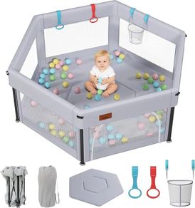 Baby Playpen Foldable, Playpen for Baby and Toddlers with Breathable Mesh Walls Fitted mat for Indoor and Outdoor