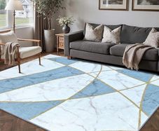 Machine Washable Rug, Non-Slip Low Pile Bedroom Rugs with Marble Pattern, Soft Area Rugs for Lounge & Dining Room, Blue & White, 160x230 cm