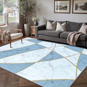 Machine Washable Rug, Non-Slip Low Pile Bedroom Rugs with Marble Pattern, Soft Area Rugs for Lounge & Dining Room, Blue & White, 160x230 cm