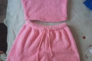 pink fluffy top and shorts