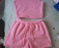 pink fluffy top and shorts