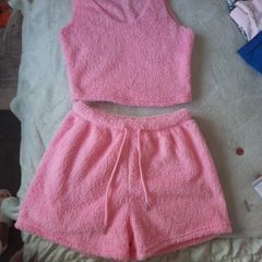 pink fluffy top and shorts
