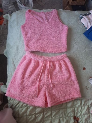 pink fluffy top and shorts