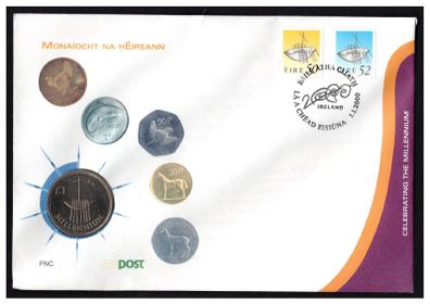 2000 Ireland Celebrating The Millennium PNC (Philatelic Numismatic Cover) with 50p & 52p definitive stamp tied with cancel of 01/01/2020 and IR1 Millenium coin.