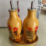 FARMYARD POTTERY , Dishwasher  Saft onlyHand-painted ceramic oil and vinegar cruet set ON HOLDING MATHING SMALL TRAY. Image 5