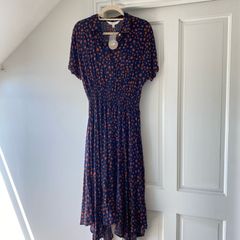 Apricot Navy & Rust Spot Hanky Hem Midi Shirt Dress