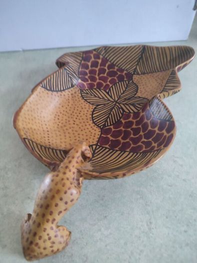 African Leopard Drinking Fruit Bowl and hand made carved wood.