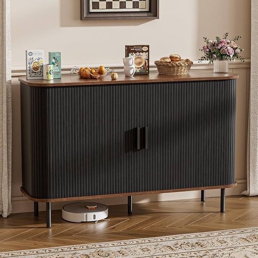Sideboard Cabinet, Buffet Storage Cabinet, Kitchen Cupboard with Tambour Sliding Door, Storage Unit for Living Room Home Dinning Room Modern,Black