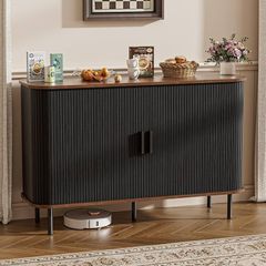 Sideboard Cabinet, Buffet Storage Cabinet, Kitchen Cupboard with Tambour Sliding Door, Storage Unit for Living Room Home Dinning Room Modern,Black
