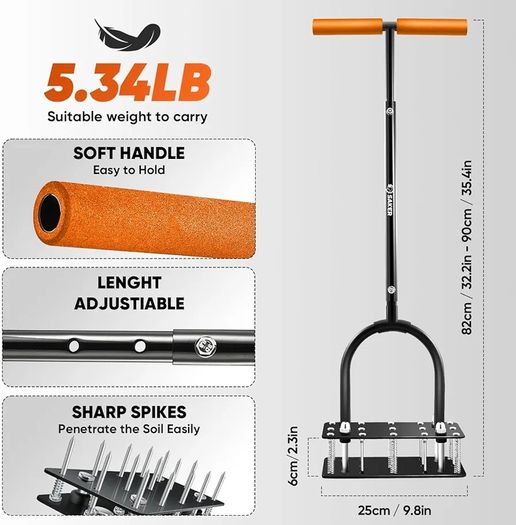 Lawn Aerator Tool, Lawn Aerator with 15 Iron Spikes, Automatic Leaf and Dirt Cleaning with Spring-Loaded Design, Metal Manual Aerator for Loosening Soil Aerating Patio, Yard, Garden