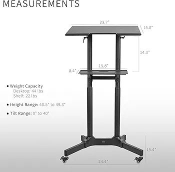 Mobile 24 x 16 inch Lectern Podium, Height Adjustable Steel Rolling Laptop Cart on Wheels, Black, CART-V03E