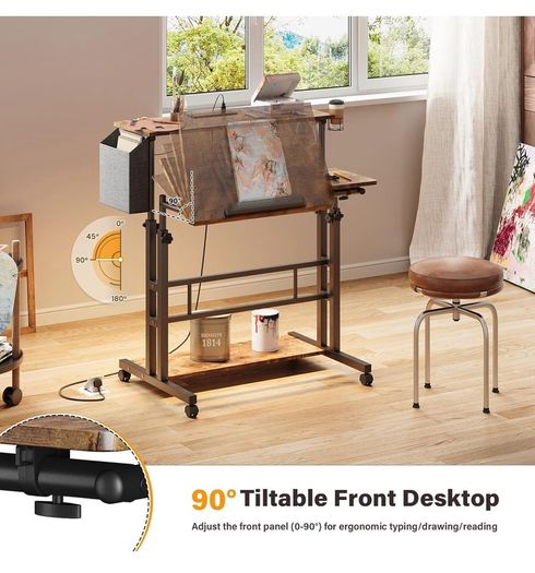 Standing Desk with Power Outlets & Strip Lights, Height Adjustable