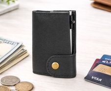 Genuine Leather Pop-Up Card Holder Wallet RFID Blocking Slim Credit Card Case