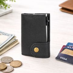 Genuine Leather Pop-Up Card Holder Wallet RFID Blocking Slim Credit Card Case
