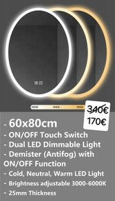 LED Bathroom Mirror Oval Shape 60x80cm Demister