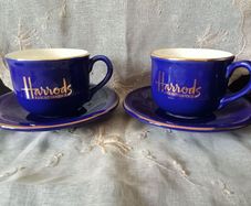 Harrods Knightsbridge 2 Royal Blue Cobalt Gilded  Cups & Saucers