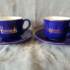 Harrods Knightsbridge 2 Royal Blue Cobalt Gilded  Cups & Saucers