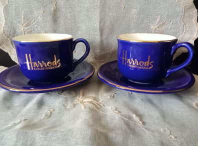 Harrods Knightsbridge 2 Royal Blue Cobalt Gilded  Cups & Saucers