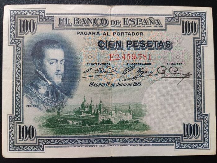 1925 SPAIN 100 Pesetas. Banknote. Felipe II